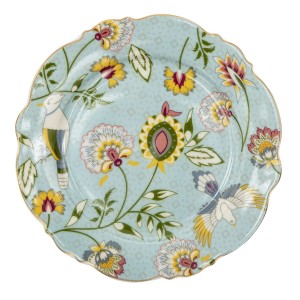 Mentolový porcelánový tanier so zlatým lemom a kvietkovaným vzorom Ø 20 x 2 cm Clayre & Eef 35626