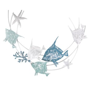 Moderná kovová morská modro zeleno biela dekorácia s rybami, hviezdicami a koralom 77,5x63,5x3,8 cm 31581