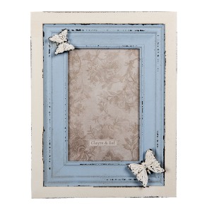 Modro-béžový pastelový drevený vintage ošúchaný fotorám s dekorovaním motýľov a sklom 18 x 3x 23 cm Clayre & Eef 35607