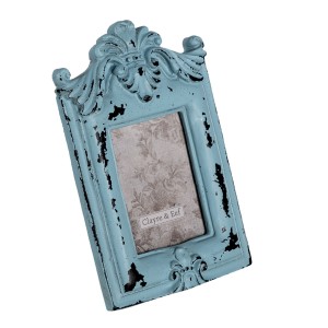 Modrý polyresinový fotorám vo vintage romantickom ošúchanom vzhľade s dekorovaním a sklom 	9 x 1 x 14 cm  Clayre & Eef 35595 