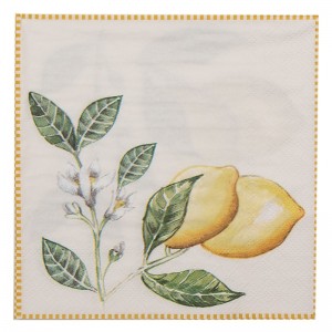 Papierový obrúsok - servítka so žlto-krémovým lemovaním a dekorom citróna s lístkami 33 x 33 cm Clayre & Eef 42901