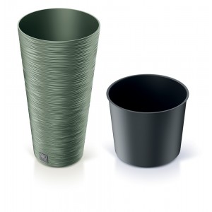 Plastový oválny kvetináč Furu Slim ECO Wood v zemitej zelenej farbe s plastovou čiernou vložkou 25 x 48 cm 38721