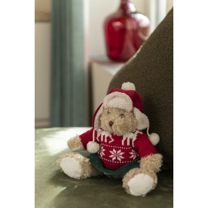 Plyšová dekorácia hnedého medvedíka vo vianočnom červeno-bielom svetri a s vianočnou čapicou 15 x 12 x 40 cm Jolipa 42343