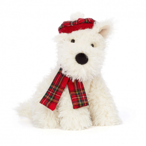 Plyšový psík Winter Warmer Munro Scottie Dog s huňatou bielou kožušinkou a károvanou čiapkou so šálom 21 cm Jellycat 41950