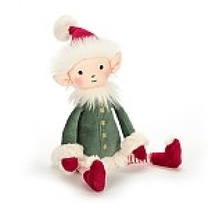 Plyšový vianočný škriatok Leffy Elf v zelenom kabátiku s kožušinou a červenej čiapke 34 cm Jellycat 38542