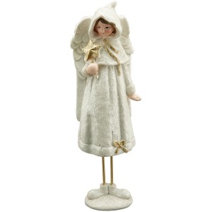 Polyresinová dekorácia anjelika s kapucňou a krídlami v bielom farebnom prevedení s trblietkami 11 x 9 x 35 cm 42162