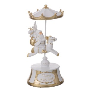 Polyresinová dekorácia bielo-zlatej hracej skrinky s koníkom a Mikulášom hrajúcej melódiu 12 x 12 x 25 cm Jolipa 39215