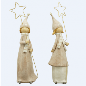 Polyresinová dekorácia chlapčeka alebo dievčatka držiacich LED svietiacu hviezdičku v krásnych jemných farbách 14 x 12 x 49 cm 42163