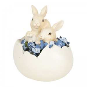 Polyresinová dekorácia dvoch krémových zajačikov v škrupinke s modrými kvietkami 14 x 10 x 14 cm Clayre & Eef 39340