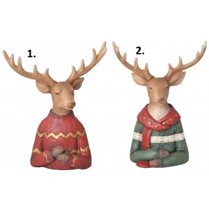 Polyresinová dekorácia hlavy hnedého jeleňa vo vianočnom svetríku v dvoch prevedeniach 15,5 x 8 x 20 cm 42098