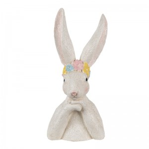 Polyresinová dekorácia hlavy zajačica v bielom farebnom prevedení s kvietkovanou čelenkou 22 x 17 x 46 cm Clayre & Eef 42869