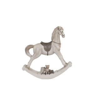 Polyresinová dekorácia hojdacieho koníka v antickom krémovom farebnom prevedení s darčekmi a macíkom 24,5 x 7 x 25 cm Chic Antique 42029