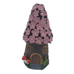 Polyresinová dekorácia lesného domčeka s ružovou kvietkovanou strechou 7 x 15 cm 39447