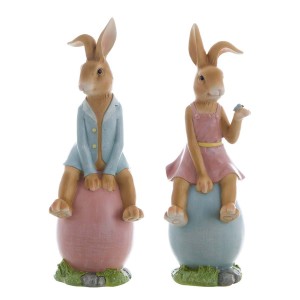 Polyresinová dekorácia postavičky zajačika alebo zajačice sediacich na vajíčku 11 x 13 x 32 cm Blanc Maricló 42557