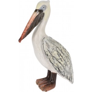 Polyresinová dekorácia stojacej postavičky pelikána v bielom farebnom prevedení s dlhým zobákom 20,5 x 10,5 x 29,2 cm 43148