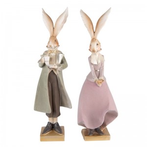 Polyresinová dekorácia stojacej postavičky zajaca alebo zajačice v elegantných šatách na zlatom podstavci 14 x 12 x 47 cm Clayre & Eef 42918