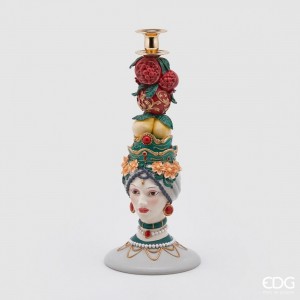 Polyresinová dekorácia svietnika na vysokú sviečku v tvare hlavy ženy a dekorom citrónov a granátového jablka zo sicílskej kolekcie 17 x 40 cm EDG 42087