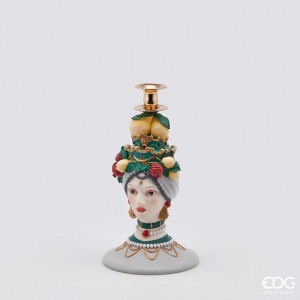 Polyresinová dekorácia svietnika na vysokú sviečku v tvare hlavy ženy a dekorom citrónov zo sicílskej kolekcie 17 x 31 cm EDG 42085