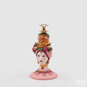 Polyresinová dekorácia svietnika na vysokú sviečku v tvare hlavy ženy a dekorom pomarančov zo sicílskej kolekcie 17 x 31 cm EDG 42042