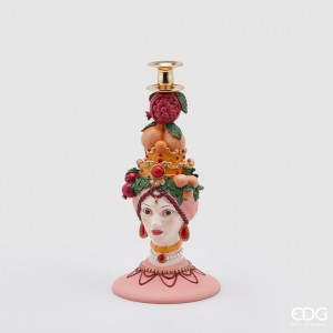 Polyresinová dekorácia svietnika na vysokú sviečku v tvare hlavy ženy s dekorom pomarančov a granátového jablka zo sicílskej kolekcie 17 x 36 cm EDG 42043