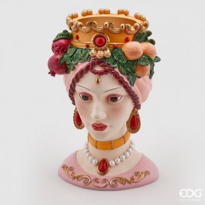 Polyresinová dekorácia vázy - kvetináča v tvare hlavy ženy s dekorom pomarančov a granátového jablka zo sicílskej kolekcie 20 x 38 cm EDG 42050