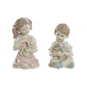 Polyresinová postavička dvoch sediacich detí dievčatka a chlapca so zvieratkom 14,5 x 16 x 26 cm 37991