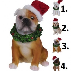 Polyresinová postavička psíka vo vianočnej čiapke v štyroch prevedeniach 13 cm 38298