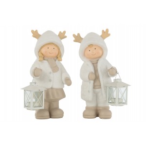Polyresinová vianočná dekorácia chlapčeka alebo dievčatka v bielo-krémovom farebnom prevedení s lampášom na čajovú sviečku 17 x 13 x 33 cm Jolipa 42335