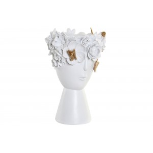 Polyresinový biely dekoratívny hladký kvetináč v tvare hlavy s tvárou a dekorom motýľov s kvietkami 19,8 x 19,2 x 30,5 cm 39564