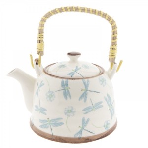 Porcelánový biely čajník dekorovaný svetlomodrými vážkami s bambusovou rúčkou 0,7L Clayre-Eef 31382