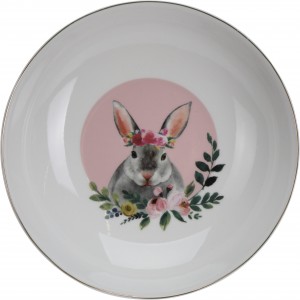 Porcelánový hlboký tanier s dekorom zajaca s kvetinovou čelenkou s priemerom 20 cm 29688