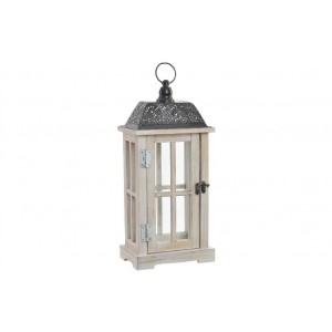 Prírodný drevený lampáš so sklenenou výplňou a dreveným dekorom so sivou kovovou strieškou a s obitým vintage vzhľadom 19 x 12 x 42 cm 36986