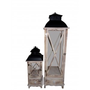 Prírodný drevený lampáš so sklenenou výplňou s čiernou kovovou strieškou a s ošúchaným vintage vzhľadom 30 x 30 cm 103,5 cm 37794