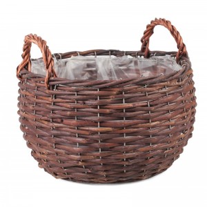 Prútený hnedý košík malý okrúhleho tvaru s plastovou vložkou ako kvetináčom a s rúčkami na ľahšie uchopenie 35662