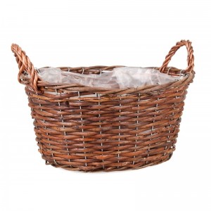 Prútený hnedý košík okrúhleho tvaru s plastovou vložkou ako kvetináčom a s rúčkami na ľahšie uchopenie 35661