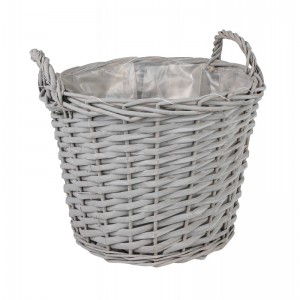 Prútený šedý košík oválneho tvaru s plastovou vložkou ako kvetináčom a rúčkami po bokoch košíka 31 x 31 cm 38197