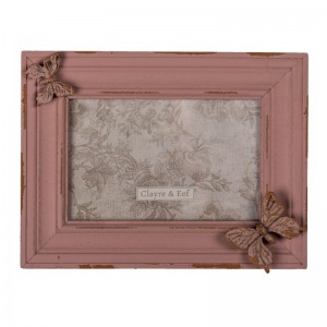 Ružový pastelový drevený vintage ošúchaný fotorám s dekorovaním motýľov a sklom 21 x 2 x 16 cm Clayre & Eef 39352