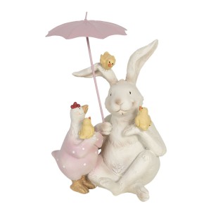 Sediaci zajac so sliepkou, s kuriatkami a s dáždnikom polyresin Clayre-Eef 12x11x16 cm 33254