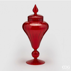 Sklenená dóza v červenom farebnom prevedení na stopke s poklopom v jednoduchom štýle 17 x 1 x 36 cm EDG 42076