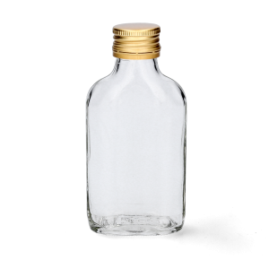 Sklenená transparentná fľaša  so zlatým kovovým vrchnákom 100 ml 36647