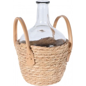 Sklenená transparentná váza alebo demižón v prútenom košíku z morskej trávy s rúčkami 18 x 27 cm 37149