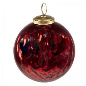 Sklenená závesná vianočná guľa v červenom farebnom prevedení s dekorovaním 9 x 11 cm Clayre & Eef 42426
