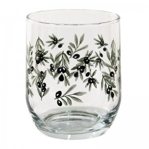 Sklenený pohár v transparentnom prevedení s dekorom čiernych olív s listami 8 x 9 cm / 300 ml Clayre & Eef 41368