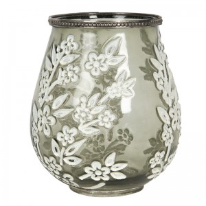 Sklenený šedý svietnik na čajovú sviečku s kovovým lemom a kvetovanými dekorom 15 x 18 cm Clayre & Eef 36077