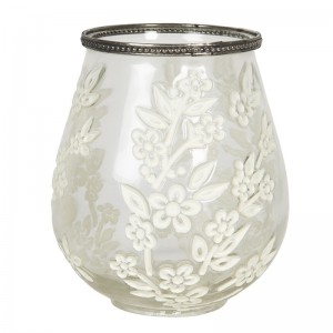 Sklenený transparentný svietnik na čajovú sviečku s kovovým lemom a kvetovanými dekorom 15 x 18 cm Clayre & Eef 36076