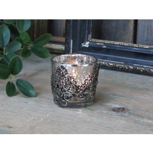 Sklenený zakalený svietnik na čajovú sviečku v kovovom dekore Chic Antique 34824