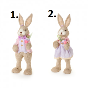 Slamená dekorácia stojacej postavičky zajačika v dvoch prevedeniach v elegantnom oblečení 54/52 cm 43323