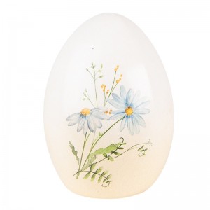 Terakotové veľkonočné vajíčko v bielom farebnom prevedení s dekorom lúčnych kvietkov 10 x 10 x 14 cm Clayre & Eef 39326