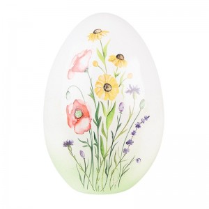 Terakotové veľkonočné vajíčko v bielom farebnom prevedení s dekorom lúčnych kvietkov 11 x 11 x 17 cm Clayre & Eef 39327