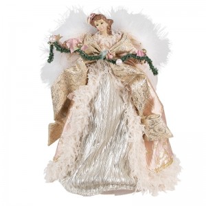 Textilná dekorácia postavičky stojaceho anjela v ružovo-zlatých elegantných šatách s krídlami z pierok 25 x 20 x 40 cm Clayre & Eef 42389